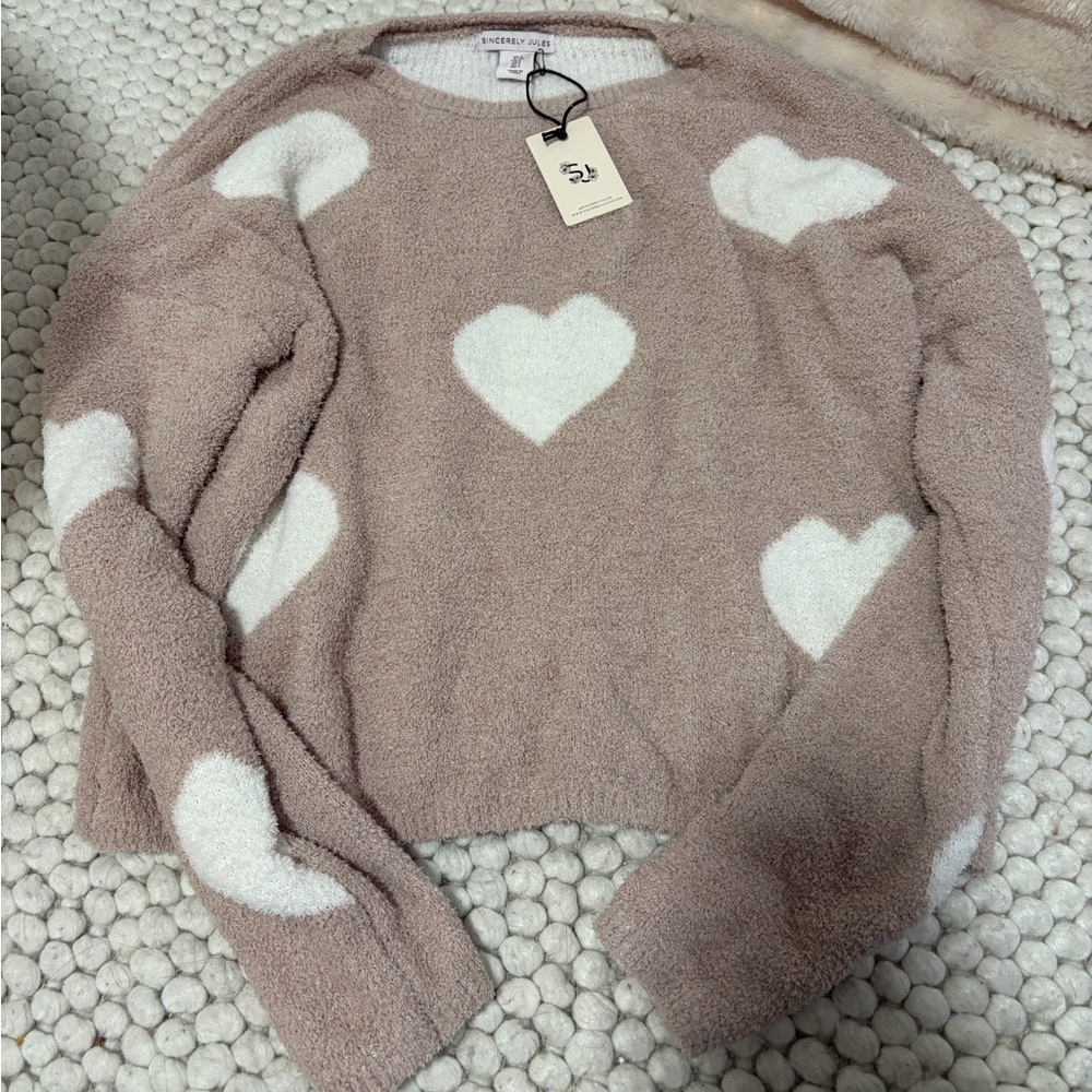 Crewneck Sweater with White Heart Pattern